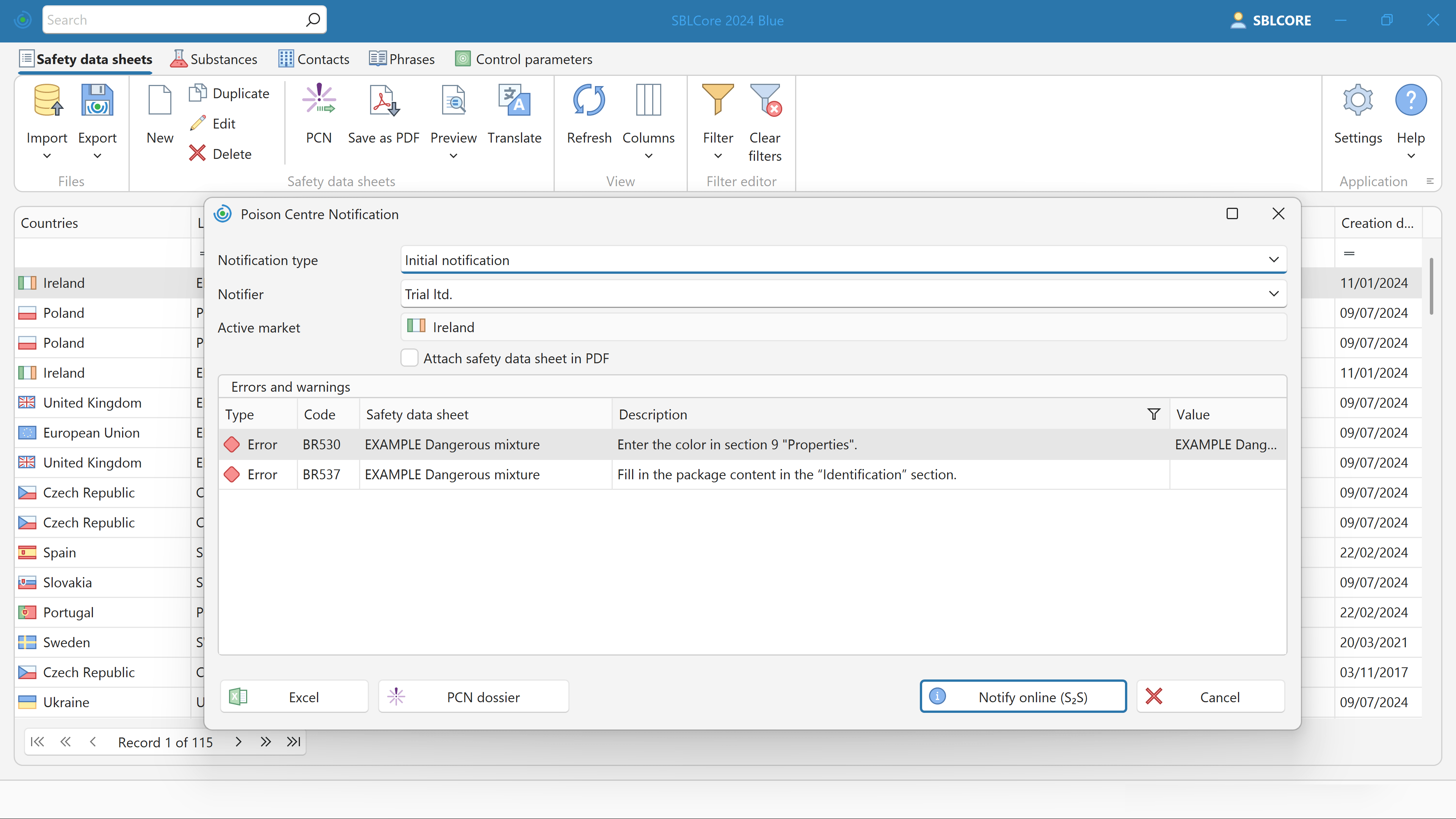 PCN notification and UFI code