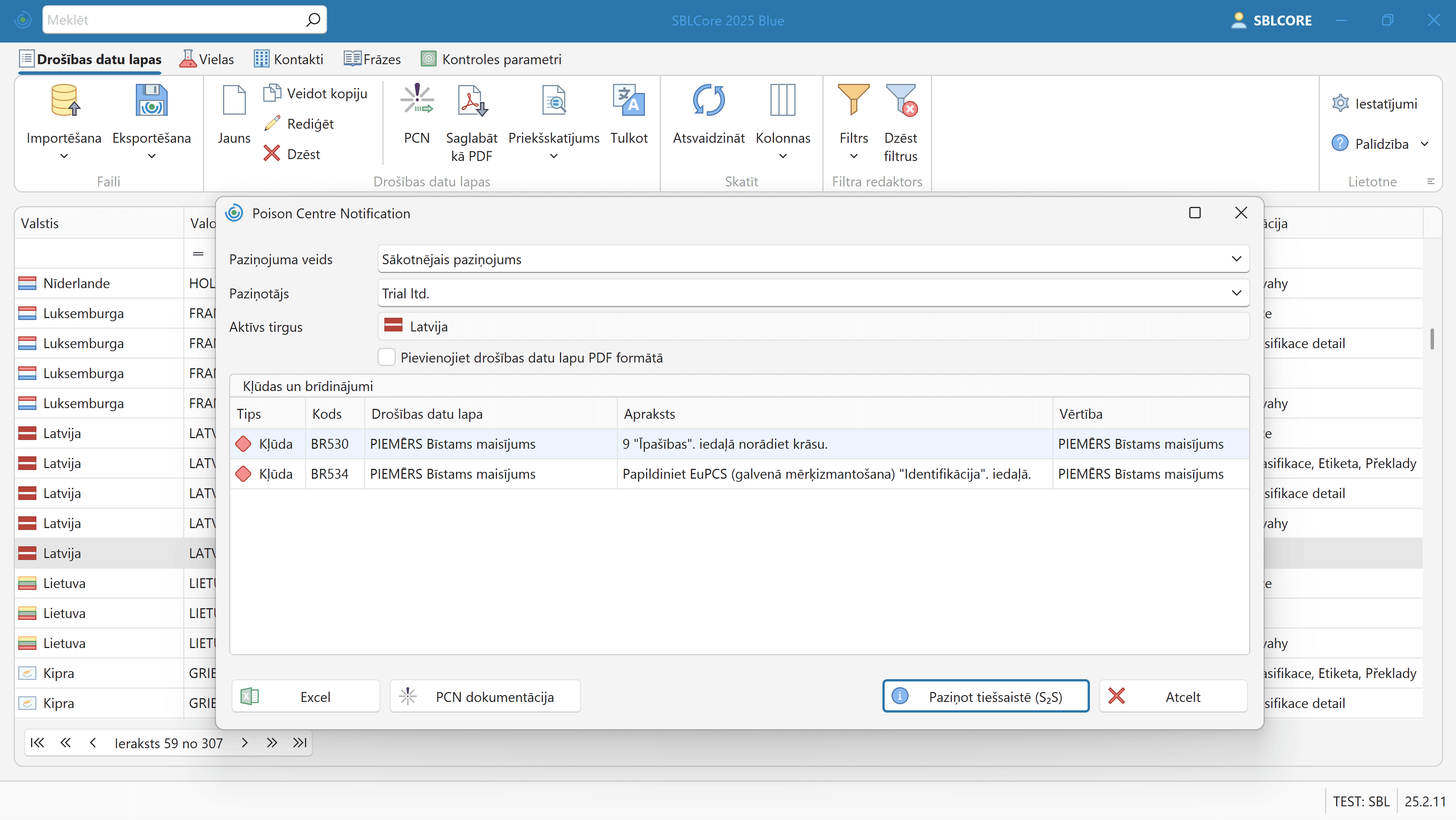 PCN paziņojums un UFI kods
