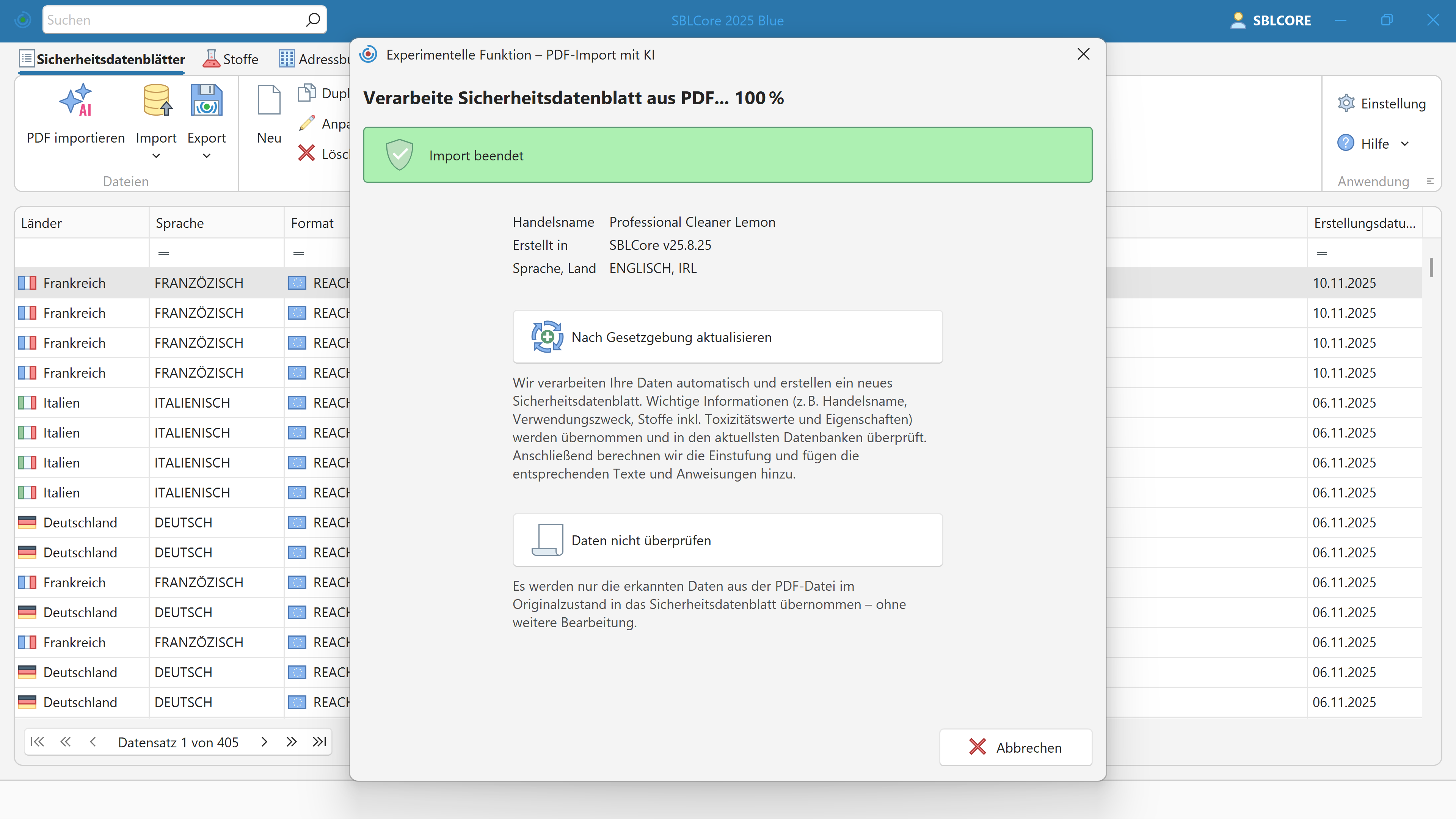 SDS-Import mithilfe von AI