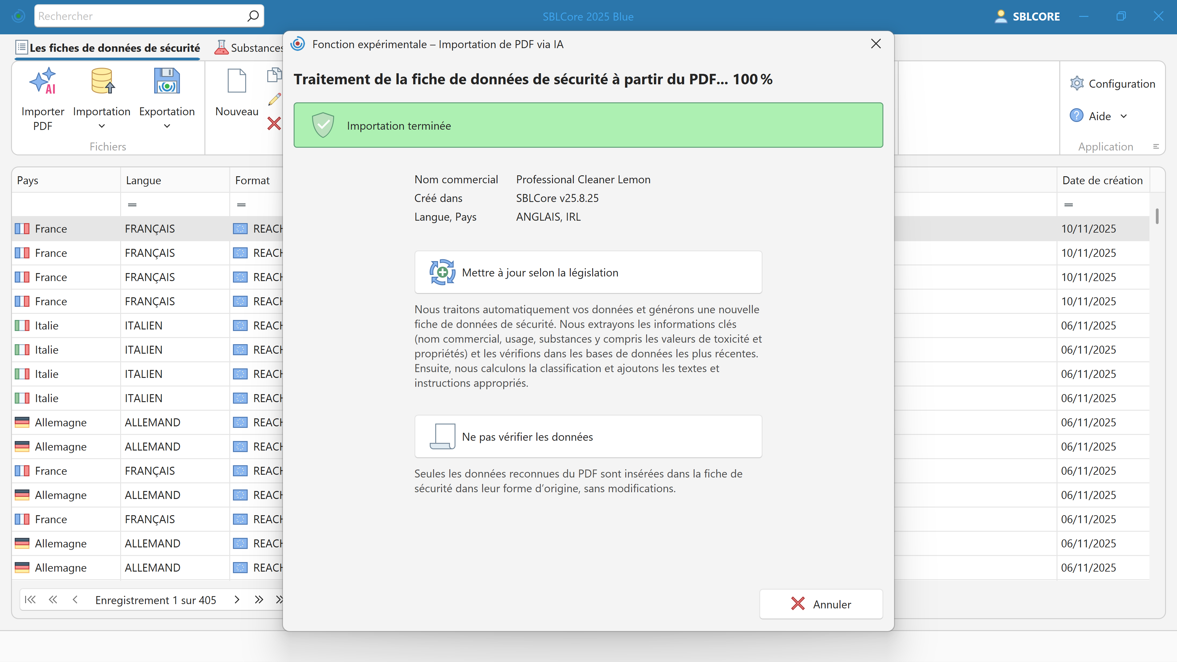 Importation de SDS via l’IA