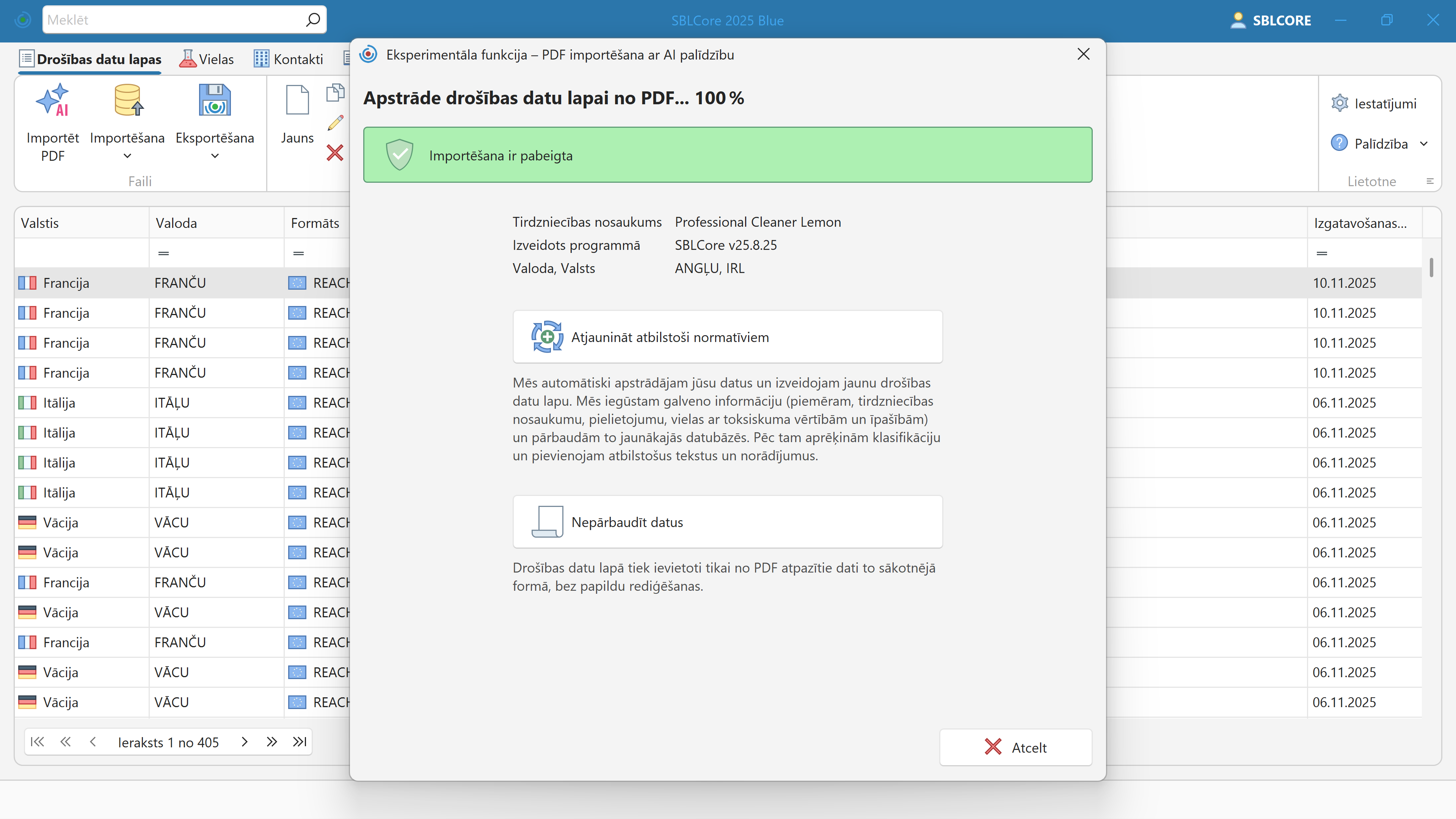 SDS imports, izmantojot AI